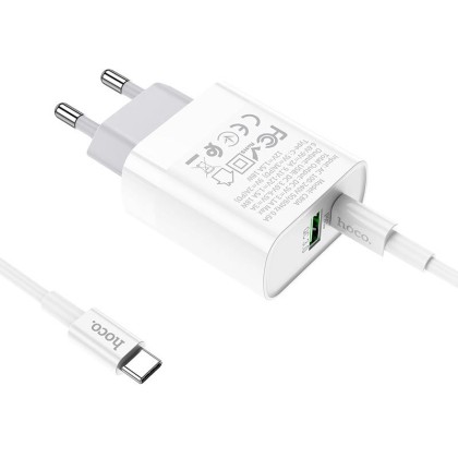 Бързо зарядно устройство Hoco C80A PD20W/QC3.0 и USB-C кабел - Бяло