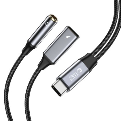 Преходник USB-C към Mini Jack 3.5mm и USB-C от Tech-Protect UltraBoost - Черен