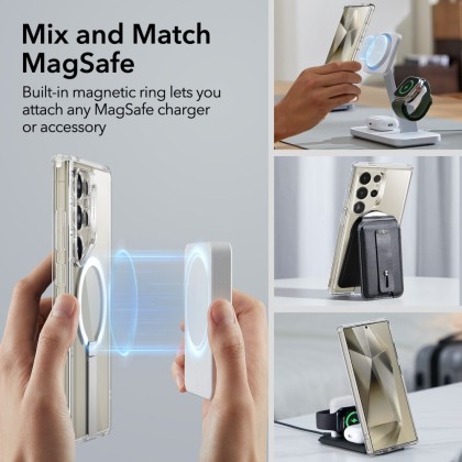 Удароустойчив кейс с MagSafe и стойка за Samsung Galaxy S24 Ultra от ESR Flickstand Boost Halolock - Прозрачен