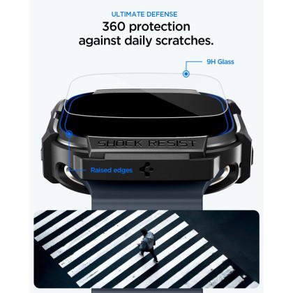 SPIGEN RUGGED ARMOR & TEMPERED GLASS APPLE WATCH ULTRA 1 / 2 / 3 / 4 (49 MM) MATTE BLACK