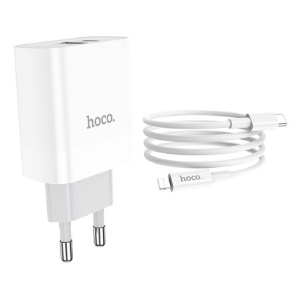 Бързо зарядно устройство Hoco C80A PD20W/QC3.0 и Lightning кабел - Бяло