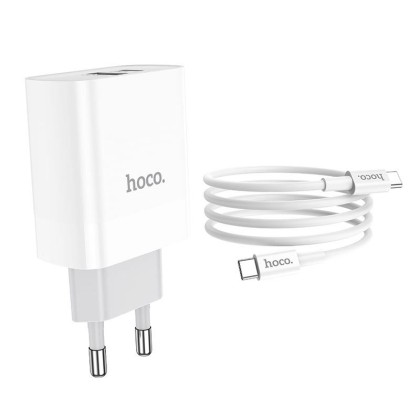 Бързо зарядно устройство Hoco C80A PD20W/QC3.0 и USB-C кабел - Бяло