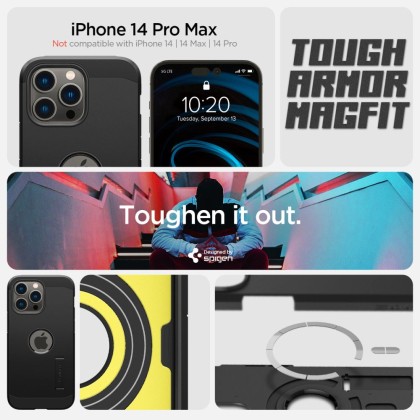 Удароустойчив, твърд кейс с MagSafe за iPhone 14 Pro Max от Spigen Tough Armor Mag - Черен