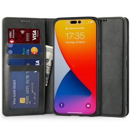 Кожен тефтер за iPhone 14 Pro от Tech-Protect Wallet Magnet - Черен
