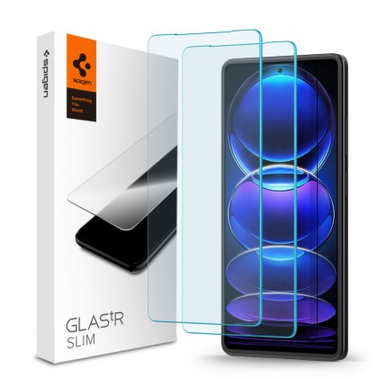 2 броя стъклени протектори за дисплей на Xiaomi Redmi Note 12 Pro 5G / 12 Pro+ Plus 5G / Poco X5 Pro 5G от Spigen Glass Tr. Slim - Прозрачни