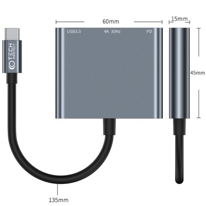 Адаптер 3 в 1 за лаптопи с USB Type - C вход от Tech Protect V1-HUB 3 in 1 - Сив