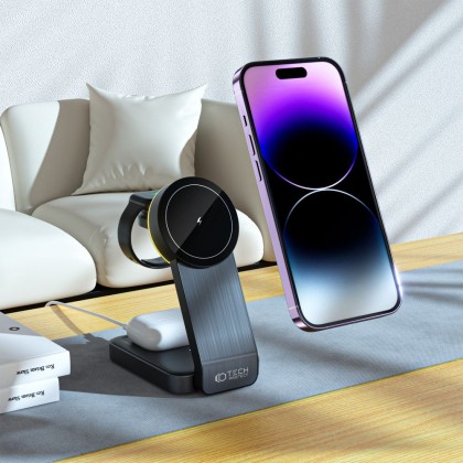 Безжична зарядна станция 3в1 с MagSafe 15W от Tech Protect A28 - Черна