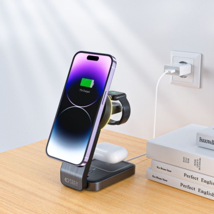 Безжична зарядна станция 3в1 с MagSafe 15W от Tech Protect A28 - Черна