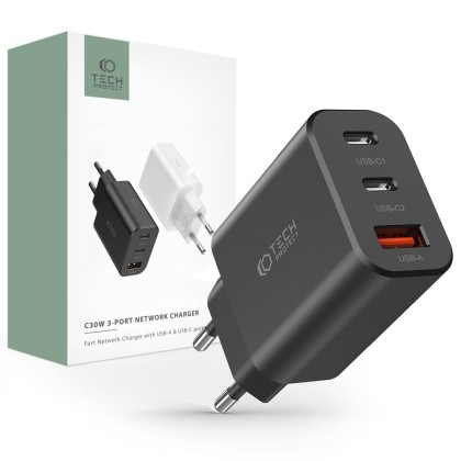 Зарядно устройство с 3 порта за IOS и Android от Tech-Protect PD30W/QC3.0 - Черно