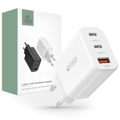 Зарядно устройство с 3 порта за IOS и Android от Tech-Protect PD30W/QC3.0 - Бяло