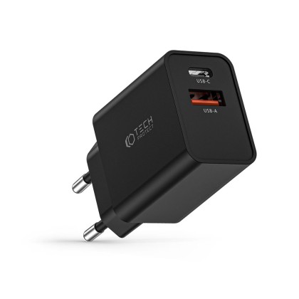Мрежово зарядно устройство с 2 порта от Tech-Protect NC30W Power Delivery и Quick Charge 3.0 - Черно
