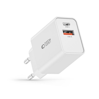 Мрежово зарядно устройство с 2 порта от Tech-Protect NC30W Power Delivery и Quick Charge 3.0 - Бяло