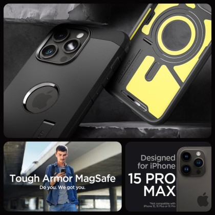 Удароустойчив, твърд кейс с MagSafe за iPhone 15 Pro Max от Spigen Tough Armor Mag - Черен
