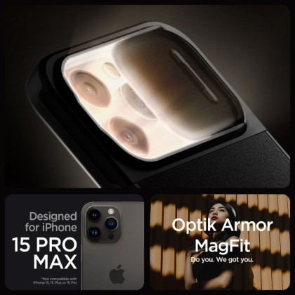 Кейс с капак за камерата за iPhone 15 Pro Max от Spigen Optik Armor Mag MagSafe - Черен