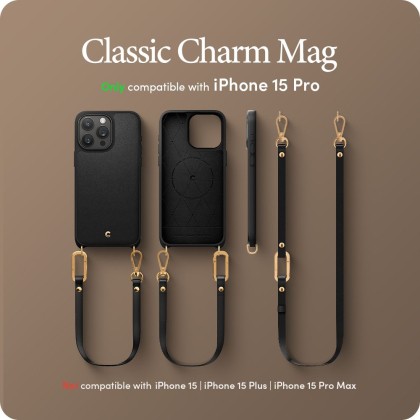 Кожен кейс с MagSafe и каишка за iPhone 15 Pro от Spigen Cyrill Classic Charm Mag - Черен