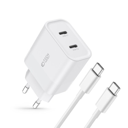 Стенно зарядно с два порта и кабел USB-C / USB-C 20W от Tech Protect C20W - Бяло