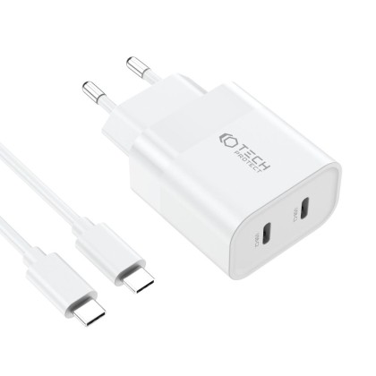Стенно зарядно с два порта и кабел USB-C / USB-C 20W от Tech Protect C20W - Бяло