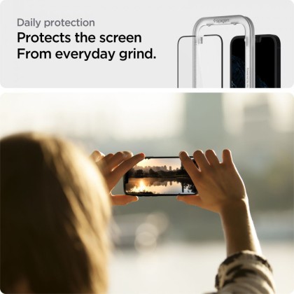 Стъклен протектор за iPhone 13 / 13 Pro / 14 / 16e от Spigen ALM Glas.TR Slim - Черен