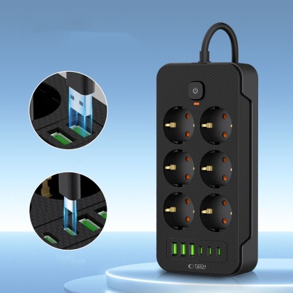 Многофункционален захранващ разклонител с 6 порта и 200 см. кабел от Tech Protect PCL4x6 - Черен