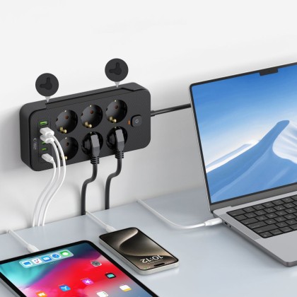 Многофункционален захранващ разклонител с 6 порта и 200 см. кабел от Tech Protect PCL4x6 - Черен
