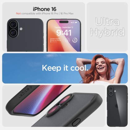 Удароустойчив твърд кейс за iPhone 16 от Spigen Ultra Hybrid - Frost Black