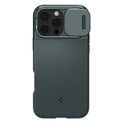 Кейс с капак за камерата за iPhone 16 Pro от Spigen Optik Armor Mag MagSafe - Abyss Green