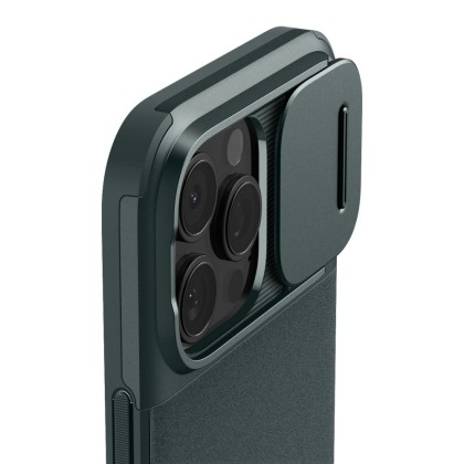 Кейс с капак за камерата за iPhone 16 Pro от Spigen Optik Armor Mag MagSafe - Abyss Green