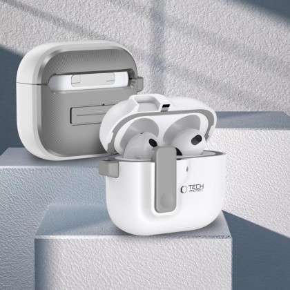 Твърд калъф с карабинер за слушалки Apple AirPods 4 от Tech-Protect Slim Hook - Бял