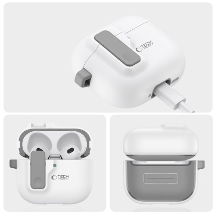 Твърд калъф с карабинер за слушалки Apple AirPods 4 от Tech-Protect Slim Hook - Бял