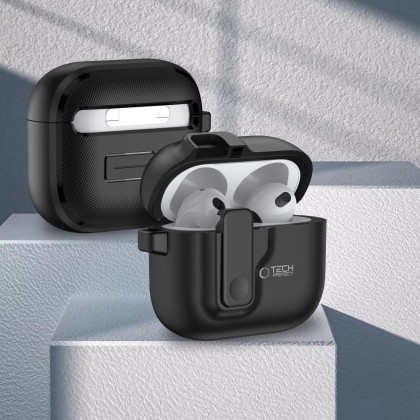 Твърд калъф с карабинер за слушалки Apple AirPods 4 от Tech-Protect Slim Hook - Черен