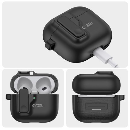 Твърд калъф с карабинер за слушалки Apple AirPods 4 от Tech-Protect Slim Hook - Черен