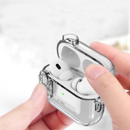 Твърд калъф с карабинер за слушалки Apple AirPods Pro 1 / 2 от Tech-Protect Slim Hook - Прозрачен