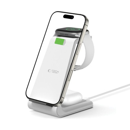 Безжична станция за зареждане 3 в 1 за iPhone, AirPods и Apple Watch от Tech-Protect QI15W-A36 - Бял