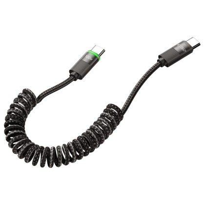 Пружинен кабел USB-C / USB-C 5A и PD100W 180см. oт Tech Protect UB20T - Черен