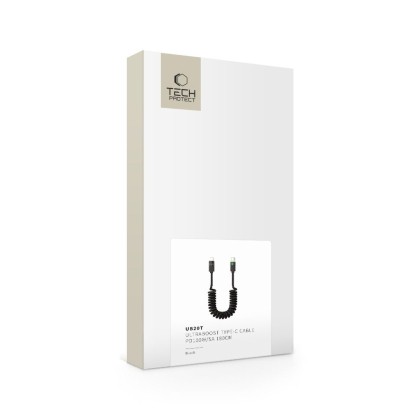 Пружинен кабел USB-C / USB-C 5A и PD100W 180см. oт Tech Protect UB20T - Черен