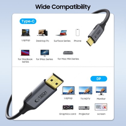 Кабел Type - C към Displayport 1.4 8K 60HZ 180см. от Tech Protect Ultraboost - Черен