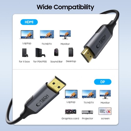 Кабел Displayport към HDMI 2.0 4K 60HZ 200 см от Tech Protect Ultraboost  - Черен