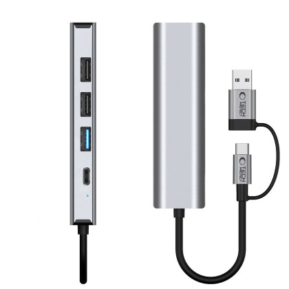 Адаптер  5 в 1 за лаптоп с USB -Type C - вход от Tech-Protect HB03 Hub - Space Grey