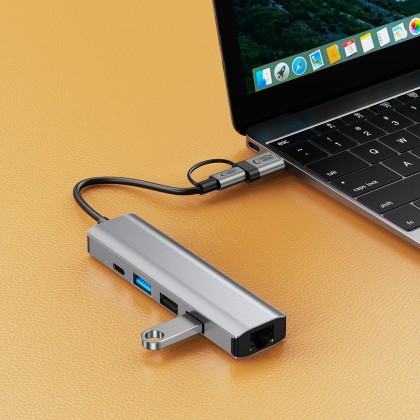 Адаптер  5 в 1 за лаптоп с USB -Type C - вход от Tech-Protect HB03 Hub - Space Grey