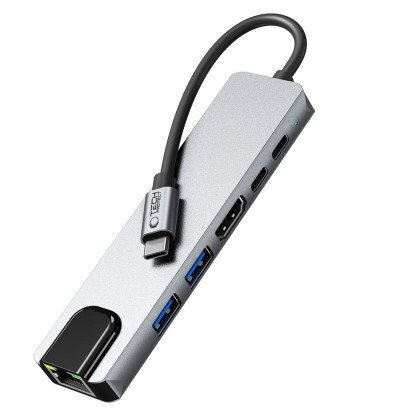 Адаптер  6 в 1 за лаптоп с USB -Type C - вход от Tech-Protect HB02 Hub - Space Grey