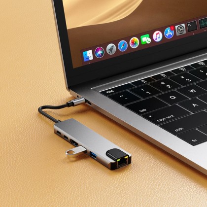 Адаптер  6 в 1 за лаптоп с USB -Type C - вход от Tech-Protect HB02 Hub - Space Grey
