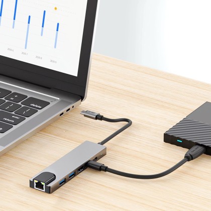 Адаптер  6 в 1 за лаптоп с USB -Type C - вход от Tech-Protect HB02 Hub - Space Grey