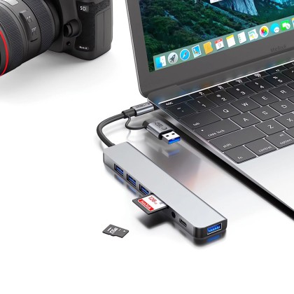 Адаптер  8 в 1 за лаптоп с USB -Type C - вход от Tech-Protect HB06 Hub - Space Grey
