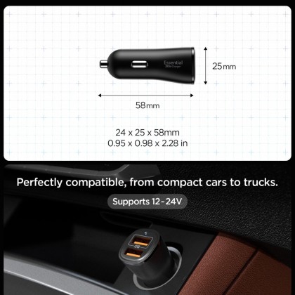 Зарядно за автомобил USB-A / USB-A 30W от Spigen Essential EV302 - Черен
