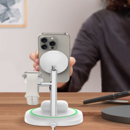 Зарядна станция 3 в 1 с MagSafe 15W за iPhone, AirPods и Apple Watch от Tech-Protect QI15W-A46 - Бяла