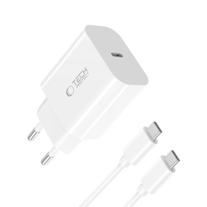 Бързо зарядно с кабел 2x Type C NC20W от Tech-Protect PD20W 1-Port- White