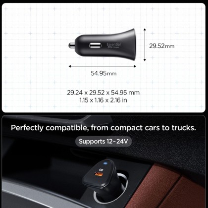 SPIGEN ESSENTIAL EV301 1-PORT CAR CHARGER 30W BLACK