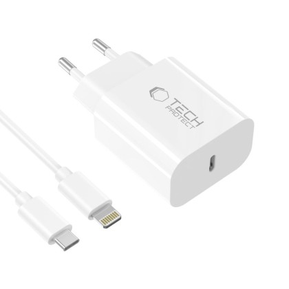 Комплект зарядно и кабел с Lightning за IOS от Tech-Protect NC20W - Бяло