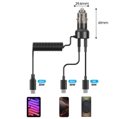 Зарядно с кабел за автомобил с USB-A / USB-C 60W от Tech Protect CC05 - Черно