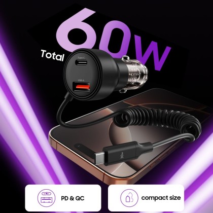 Зарядно с кабел за автомобил с USB-A / USB-C 60W от Tech Protect CC05 - Черно